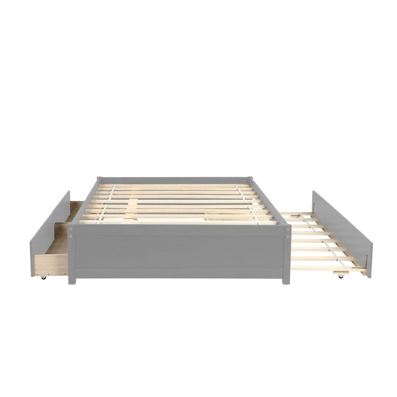 Lit double en bois de pin et contreplaqué gris/blanc/espresso avec 2 tiroirs et lit gigogne, pour 2 personnes