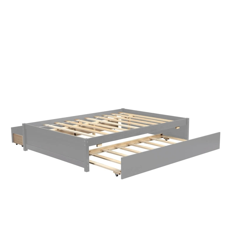 Lit double en bois de pin et contreplaqué gris/blanc/espresso avec 2 tiroirs et lit gigogne, pour 2 personnes