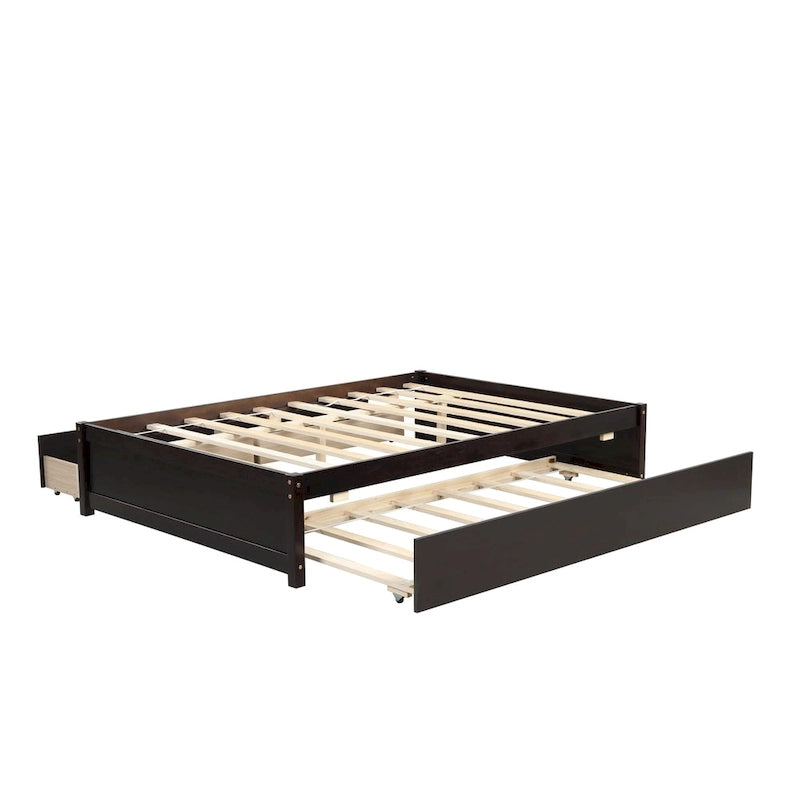 Lit double en bois de pin et contreplaqué gris/blanc/espresso avec 2 tiroirs et lit gigogne, pour 2 personnes