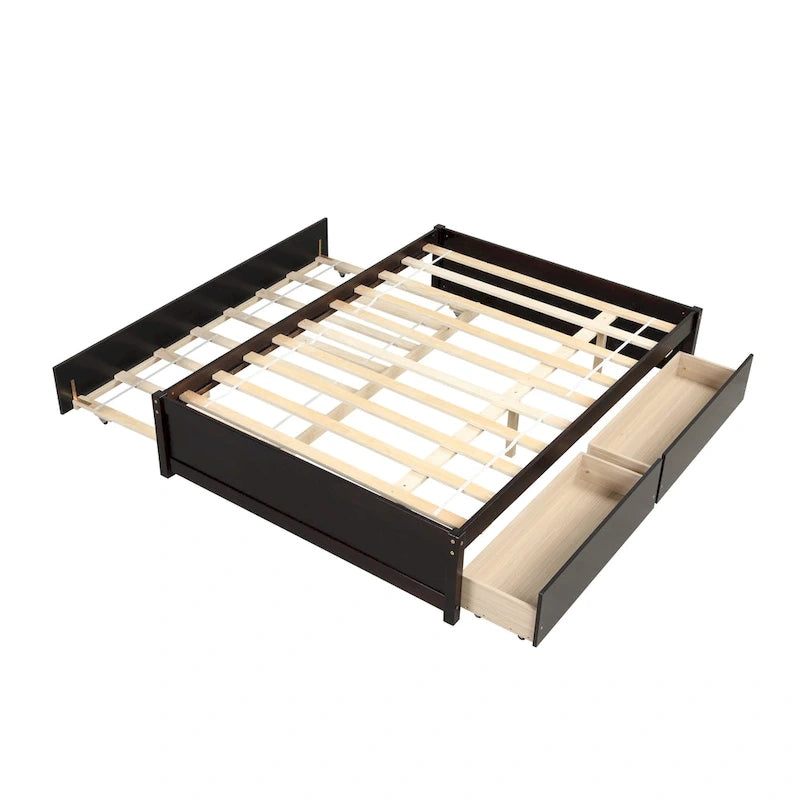 Lit double en bois de pin et contreplaqué gris/blanc/espresso avec 2 tiroirs et lit gigogne, pour 2 personnes