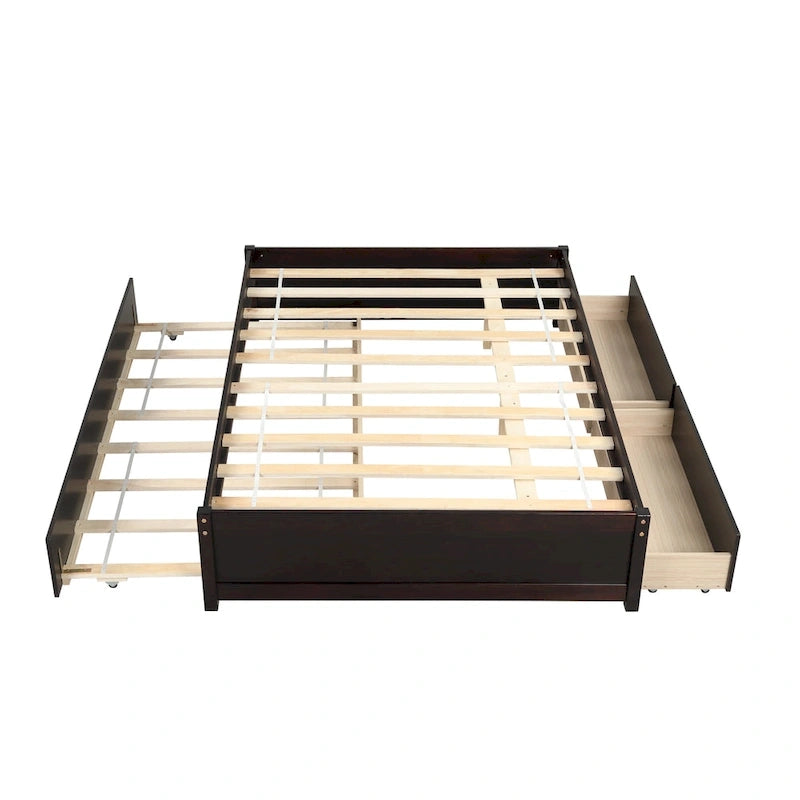 Lit double en bois de pin et contreplaqué gris/blanc/espresso avec 2 tiroirs et lit gigogne, pour 2 personnes
