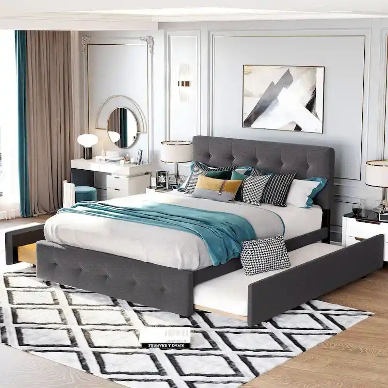 Lit plateforme Queen avec 2 tiroirs et lit gigogne double XL, tête de lit capitonnée (Gris foncé / Gris clair / Beige)