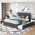 Lit plateforme Queen avec 2 tiroirs et lit gigogne double XL, tête de lit capitonnée (Gris foncé / Gris clair / Beige)