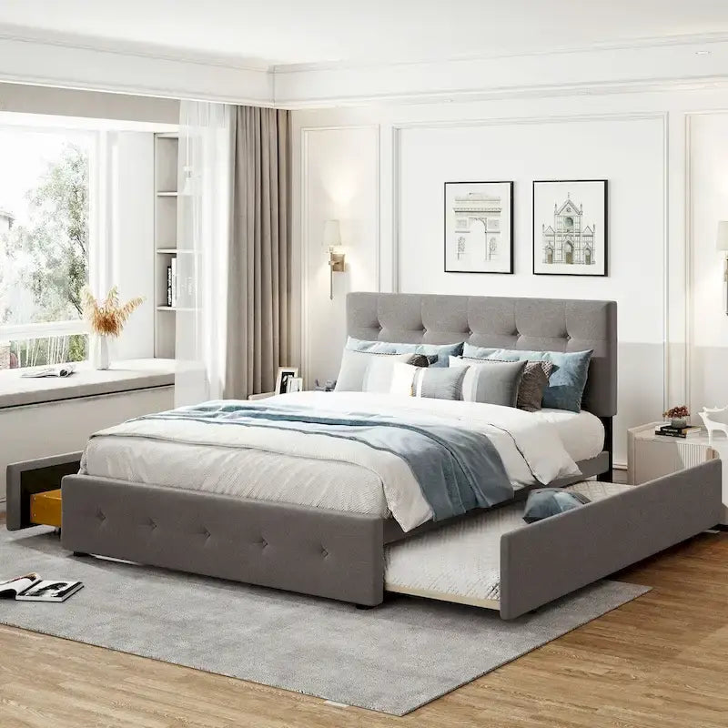 Lit plateforme Queen avec 2 tiroirs et lit gigogne double XL, tête de lit capitonnée (Gris foncé / Gris clair / Beige)