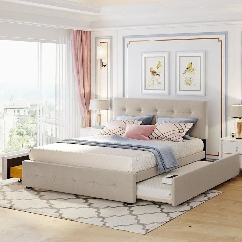 Lit plateforme Queen avec 2 tiroirs et lit gigogne double XL, tête de lit capitonnée (Gris foncé / Gris clair / Beige)