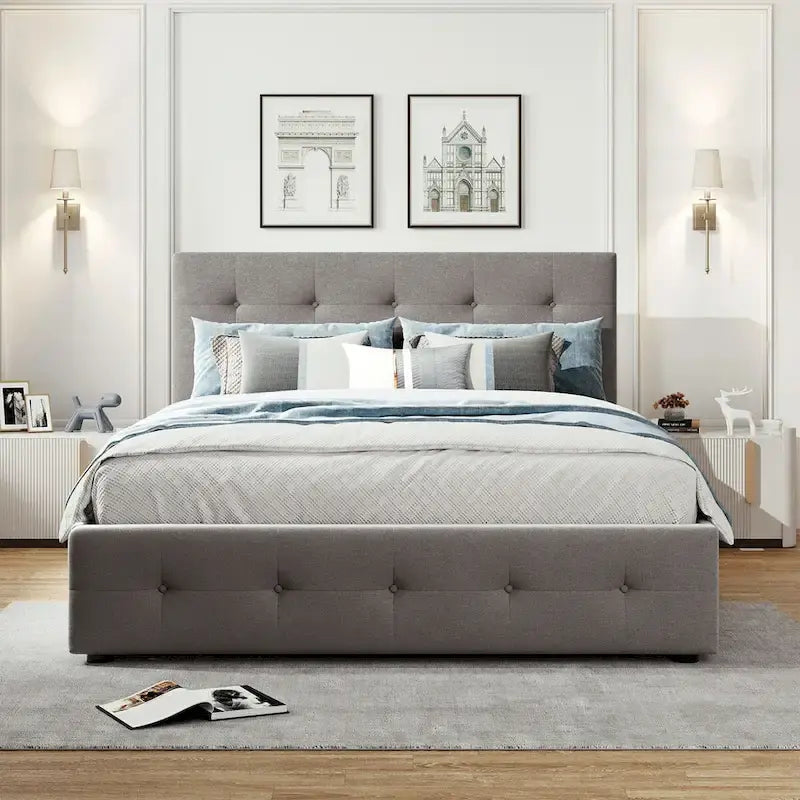 Lit plateforme Queen avec 2 tiroirs et lit gigogne double XL, tête de lit capitonnée (Gris foncé / Gris clair / Beige)
