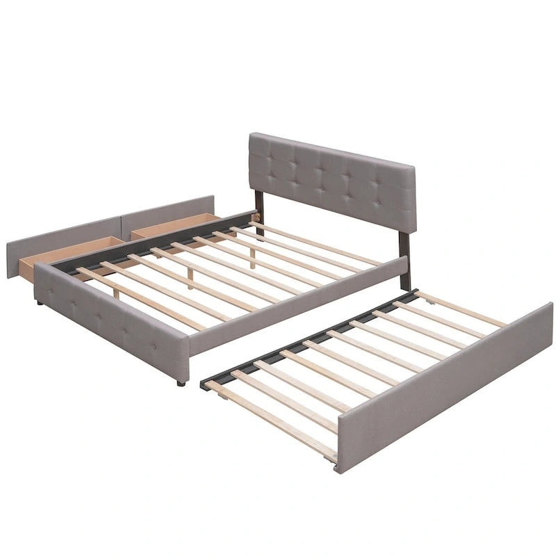 Lit plateforme Queen avec 2 tiroirs et lit gigogne double XL, tête de lit capitonnée (Gris foncé / Gris clair / Beige)