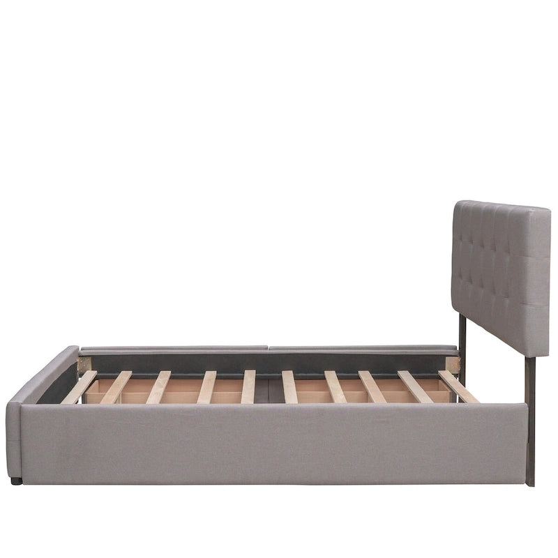 Lit plateforme Queen avec 2 tiroirs et lit gigogne double XL, tête de lit capitonnée (Gris foncé / Gris clair / Beige)