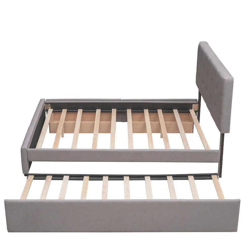 Lit plateforme Queen avec 2 tiroirs et lit gigogne double XL, tête de lit capitonnée (Gris foncé / Gris clair / Beige)