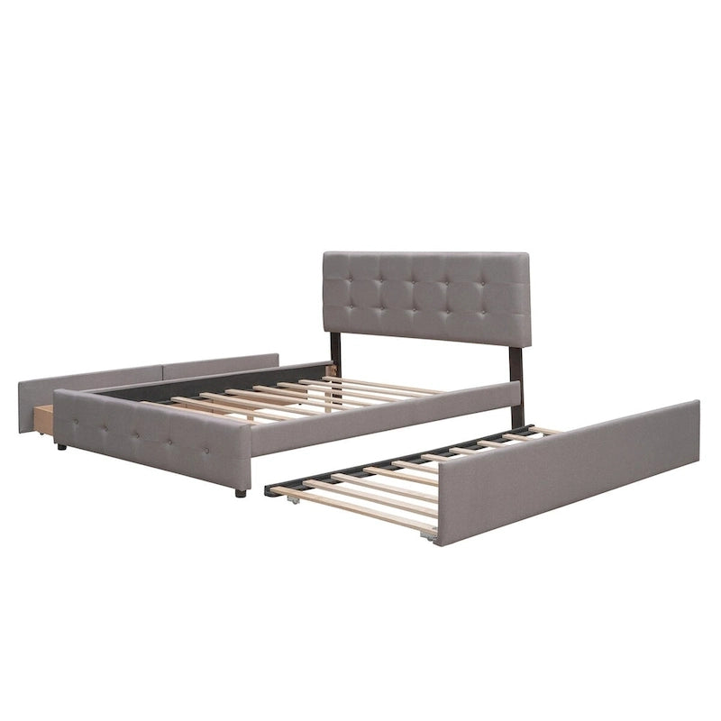 Lit plateforme Queen avec 2 tiroirs et lit gigogne double XL, tête de lit capitonnée (Gris foncé / Gris clair / Beige)