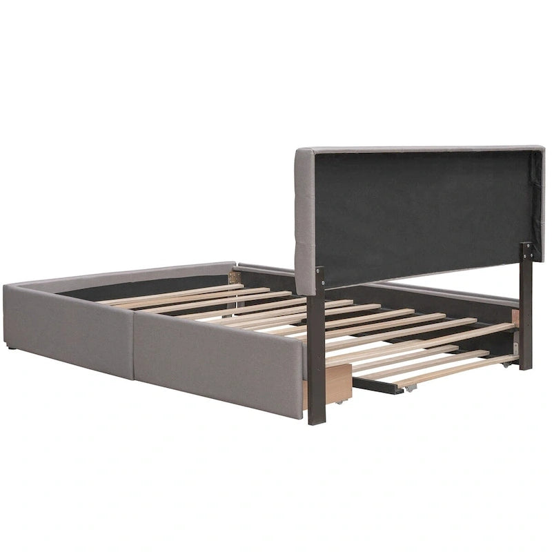 Lit plateforme Queen avec 2 tiroirs et lit gigogne double XL, tête de lit capitonnée (Gris foncé / Gris clair / Beige)