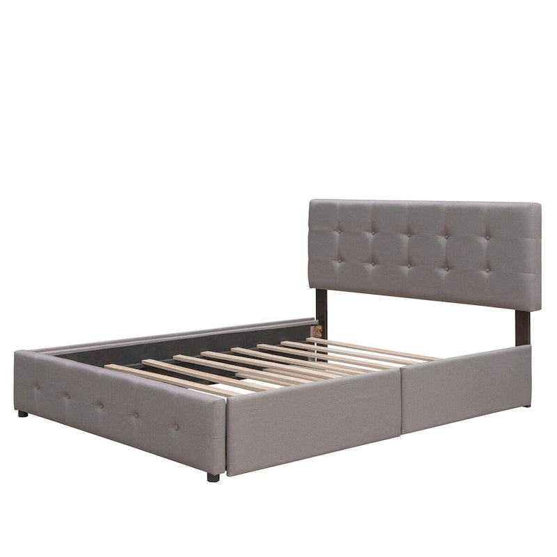 Lit plateforme Queen avec 2 tiroirs et lit gigogne double XL, tête de lit capitonnée (Gris foncé / Gris clair / Beige)