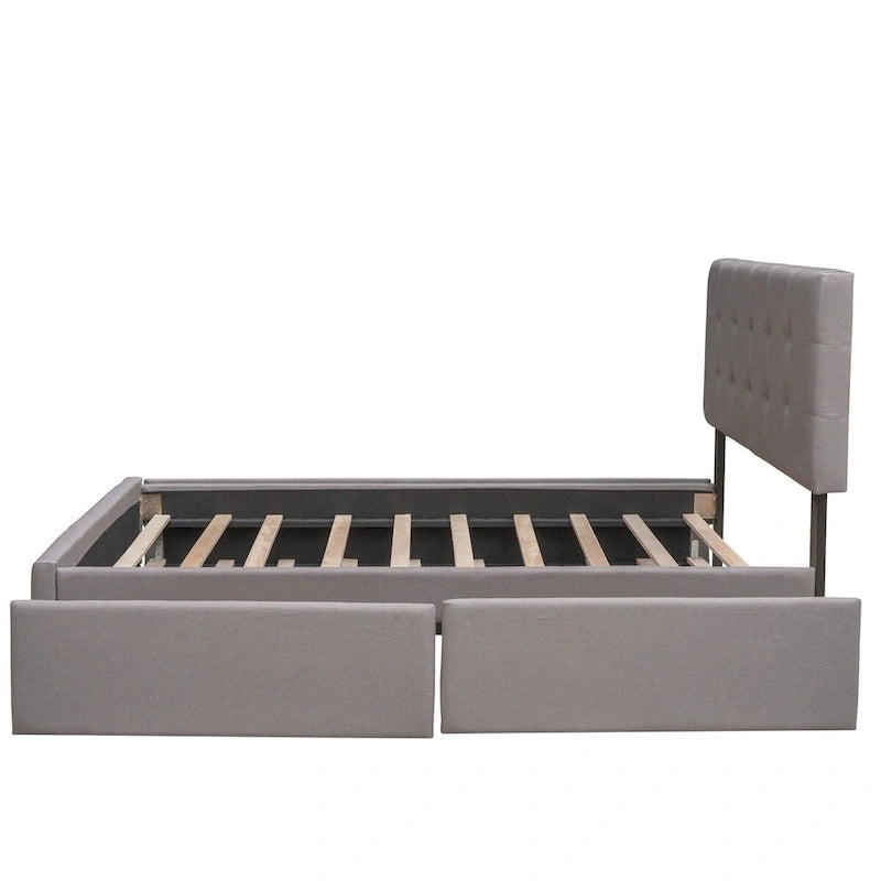 Lit plateforme Queen avec 2 tiroirs et lit gigogne double XL, tête de lit capitonnée (Gris foncé / Gris clair / Beige)