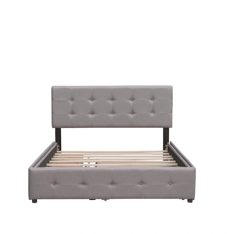 Lit plateforme Queen avec 2 tiroirs et lit gigogne double XL, tête de lit capitonnée (Gris foncé / Gris clair / Beige)