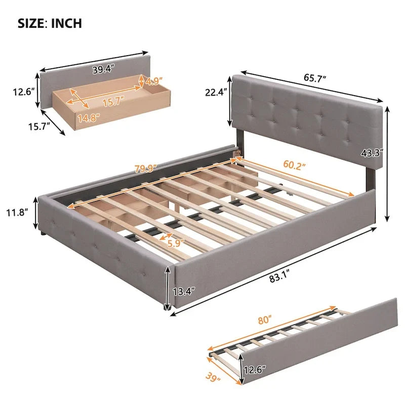 Lit plateforme Queen avec 2 tiroirs et lit gigogne double XL, tête de lit capitonnée (Gris foncé / Gris clair / Beige)