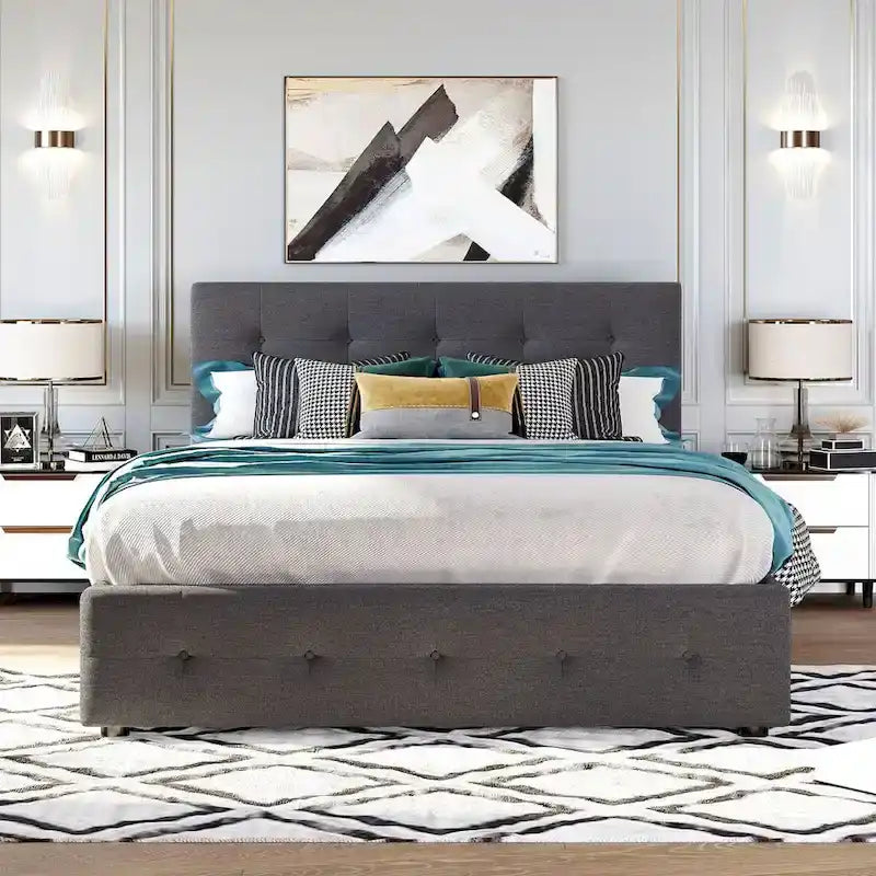 Lit plateforme Queen avec 2 tiroirs et lit gigogne double XL, tête de lit capitonnée (Gris foncé / Gris clair / Beige)
