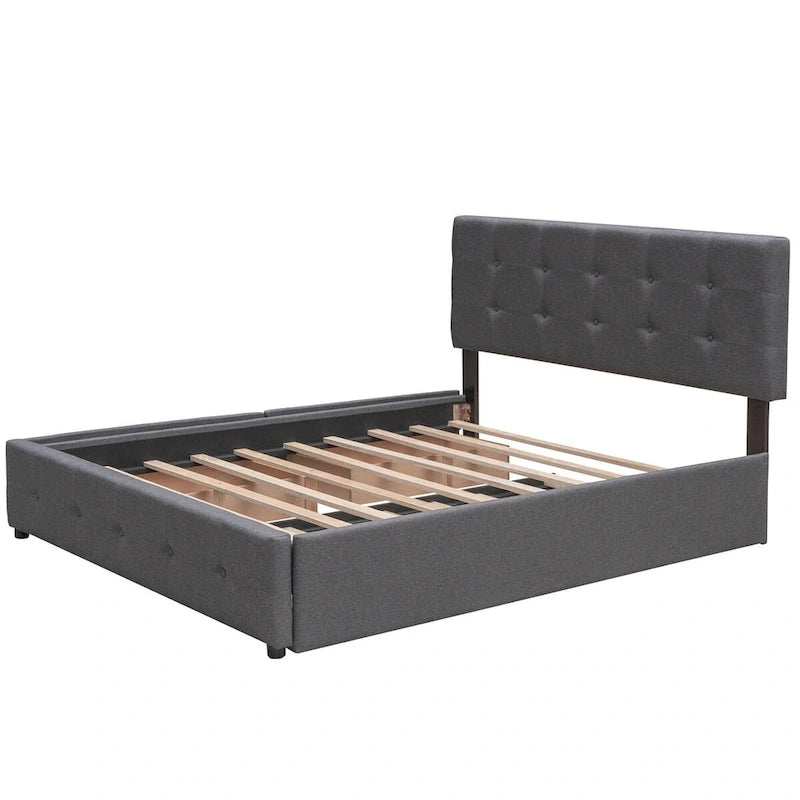 Lit plateforme Queen avec 2 tiroirs et lit gigogne double XL, tête de lit capitonnée (Gris foncé / Gris clair / Beige)