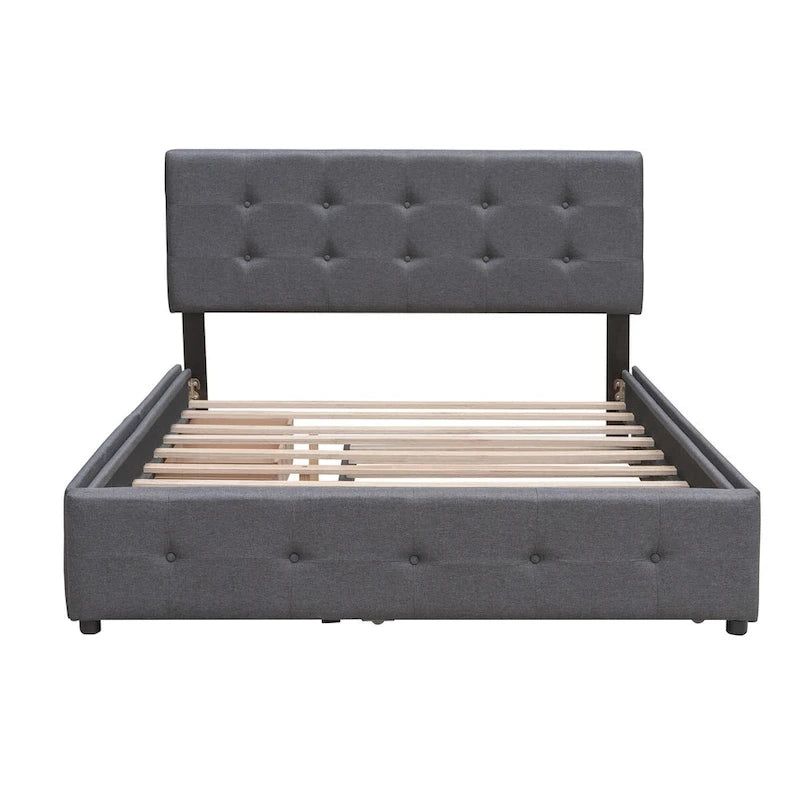 Lit plateforme Queen avec 2 tiroirs et lit gigogne double XL, tête de lit capitonnée (Gris foncé / Gris clair / Beige)