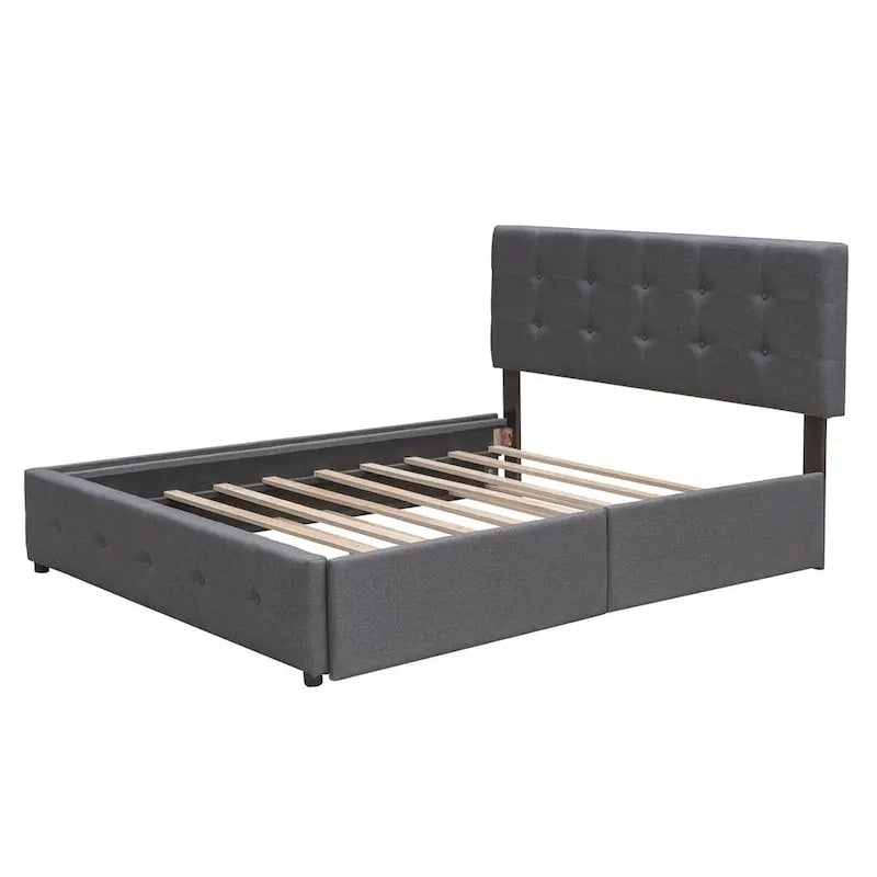 Lit plateforme Queen avec 2 tiroirs et lit gigogne double XL, tête de lit capitonnée (Gris foncé / Gris clair / Beige)