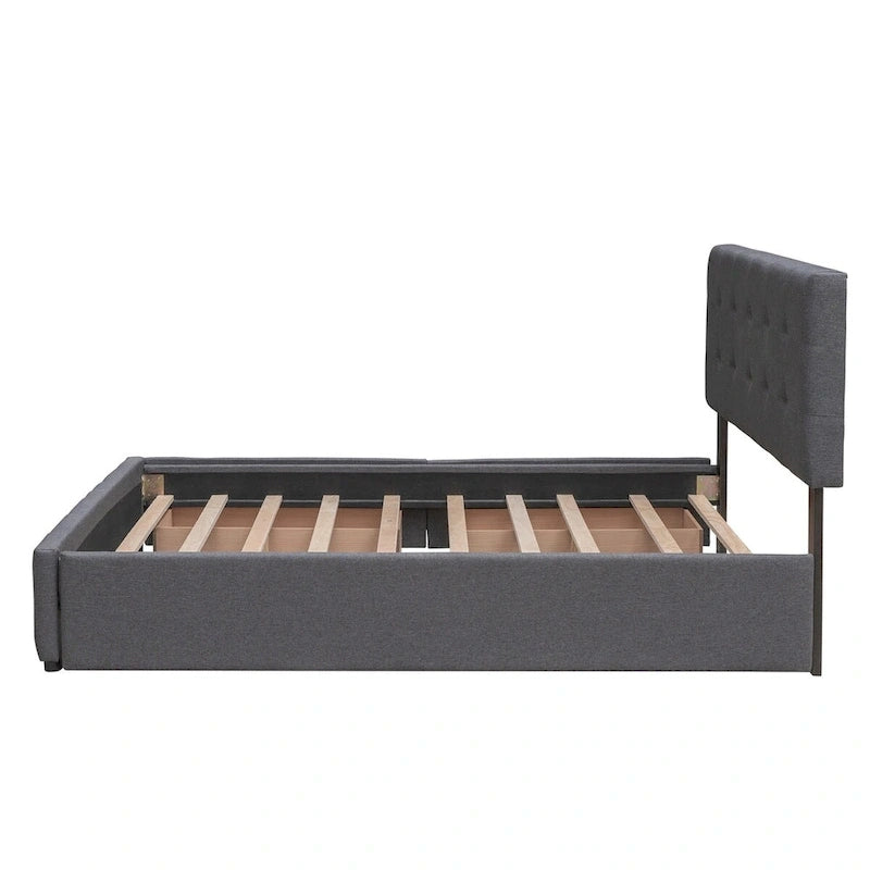 Lit plateforme Queen avec 2 tiroirs et lit gigogne double XL, tête de lit capitonnée (Gris foncé / Gris clair / Beige)