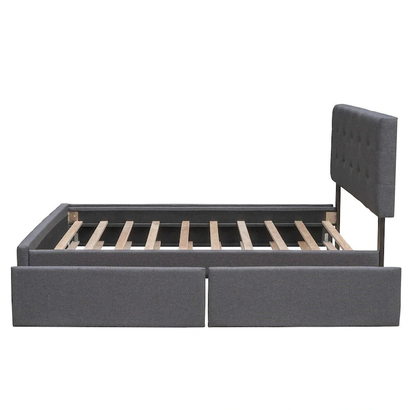 Lit plateforme Queen avec 2 tiroirs et lit gigogne double XL, tête de lit capitonnée (Gris foncé / Gris clair / Beige)
