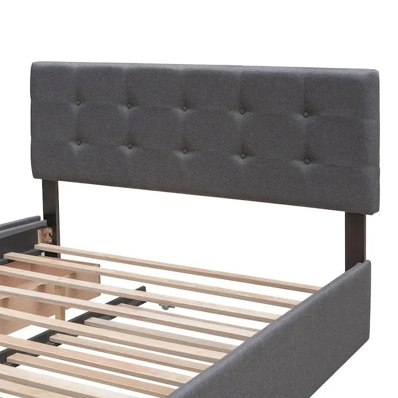 Lit plateforme Queen avec 2 tiroirs et lit gigogne double XL, tête de lit capitonnée (Gris foncé / Gris clair / Beige)