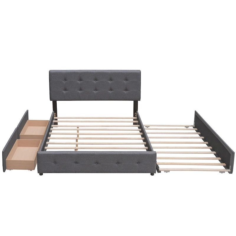 Lit plateforme Queen avec 2 tiroirs et lit gigogne double XL, tête de lit capitonnée (Gris foncé / Gris clair / Beige)
