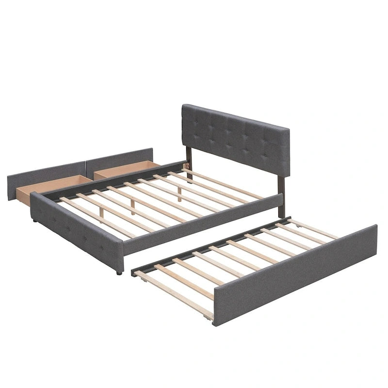 Lit plateforme Queen avec 2 tiroirs et lit gigogne double XL, tête de lit capitonnée (Gris foncé / Gris clair / Beige)