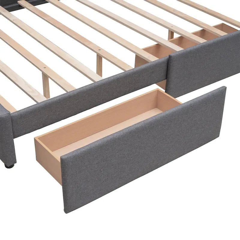 Lit plateforme Queen avec 2 tiroirs et lit gigogne double XL, tête de lit capitonnée (Gris foncé / Gris clair / Beige)