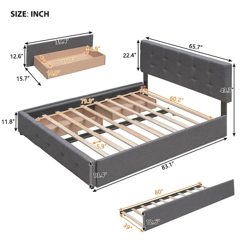 Lit plateforme Queen avec 2 tiroirs et lit gigogne double XL, tête de lit capitonnée (Gris foncé / Gris clair / Beige)