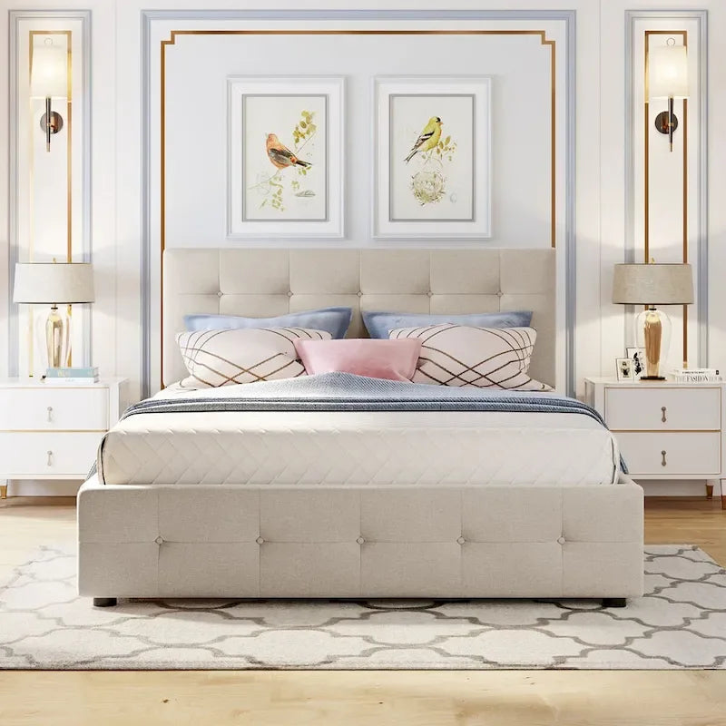 Lit plateforme Queen avec 2 tiroirs et lit gigogne double XL, tête de lit capitonnée (Gris foncé / Gris clair / Beige)