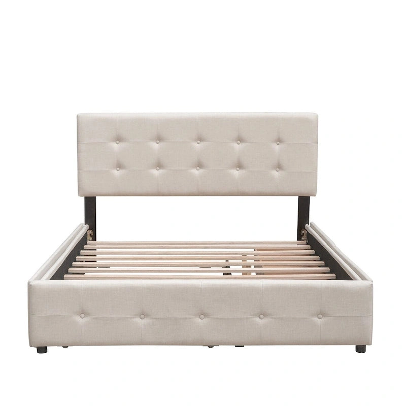 Lit plateforme Queen avec 2 tiroirs et lit gigogne double XL, tête de lit capitonnée (Gris foncé / Gris clair / Beige)