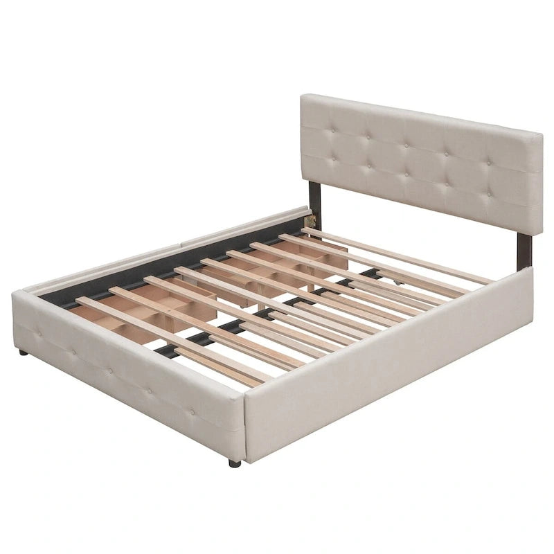 Lit plateforme Queen avec 2 tiroirs et lit gigogne double XL, tête de lit capitonnée (Gris foncé / Gris clair / Beige)