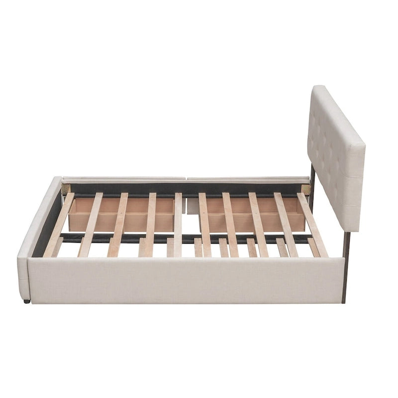 Lit plateforme Queen avec 2 tiroirs et lit gigogne double XL, tête de lit capitonnée (Gris foncé / Gris clair / Beige)