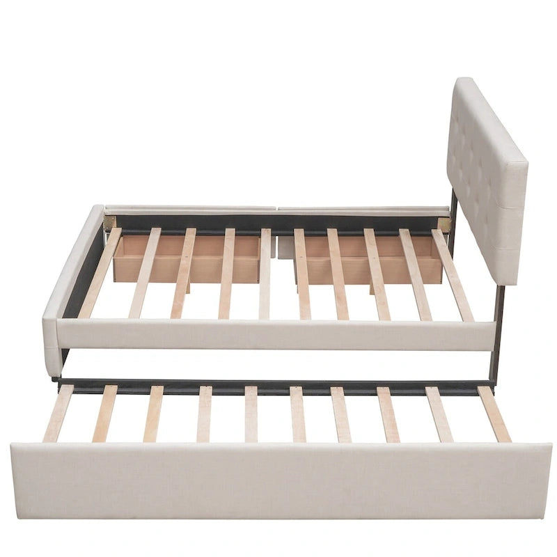 Lit plateforme Queen avec 2 tiroirs et lit gigogne double XL, tête de lit capitonnée (Gris foncé / Gris clair / Beige)