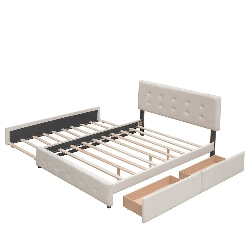 Lit plateforme Queen avec 2 tiroirs et lit gigogne double XL, tête de lit capitonnée (Gris foncé / Gris clair / Beige)