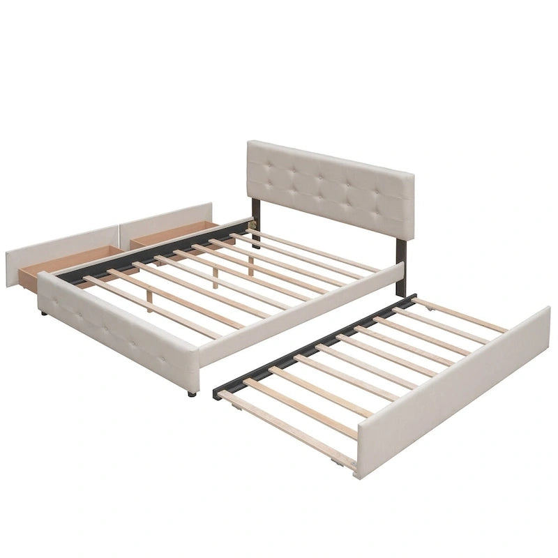 Lit plateforme Queen avec 2 tiroirs et lit gigogne double XL, tête de lit capitonnée (Gris foncé / Gris clair / Beige)