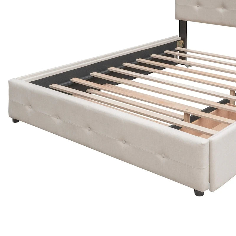 Lit plateforme Queen avec 2 tiroirs et lit gigogne double XL, tête de lit capitonnée (Gris foncé / Gris clair / Beige)