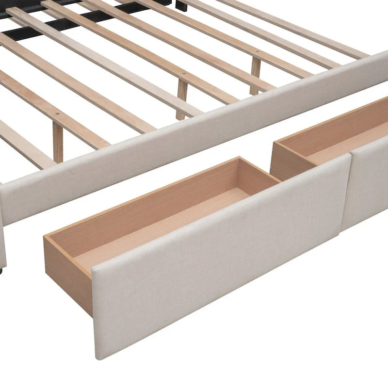 Lit plateforme Queen avec 2 tiroirs et lit gigogne double XL, tête de lit capitonnée (Gris foncé / Gris clair / Beige)