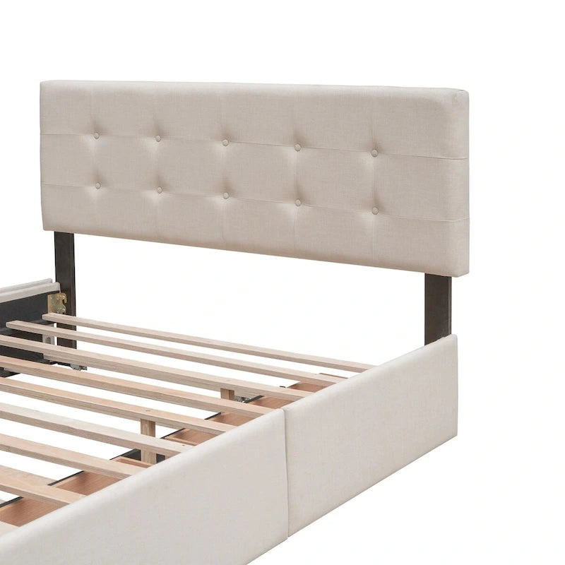 Lit plateforme Queen avec 2 tiroirs et lit gigogne double XL, tête de lit capitonnée (Gris foncé / Gris clair / Beige)