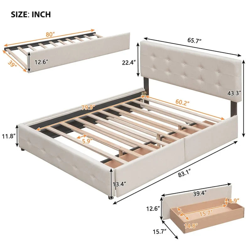 Lit plateforme Queen avec 2 tiroirs et lit gigogne double XL, tête de lit capitonnée (Gris foncé / Gris clair / Beige)
