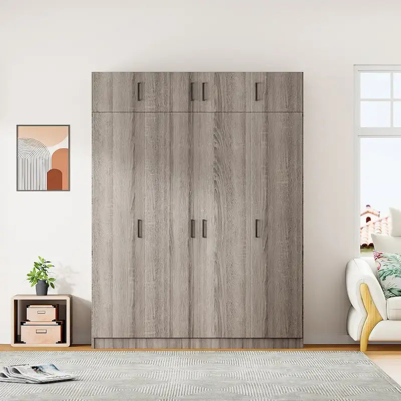 Armoire 4 portes blanche / grise avec tringle, 13 compartiments de rangement, tiroir verrouillable et placard supérieur