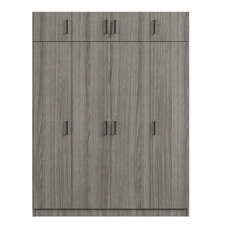 Armoire 4 portes blanche / grise avec tringle, 13 compartiments de rangement, tiroir verrouillable et placard supérieur
