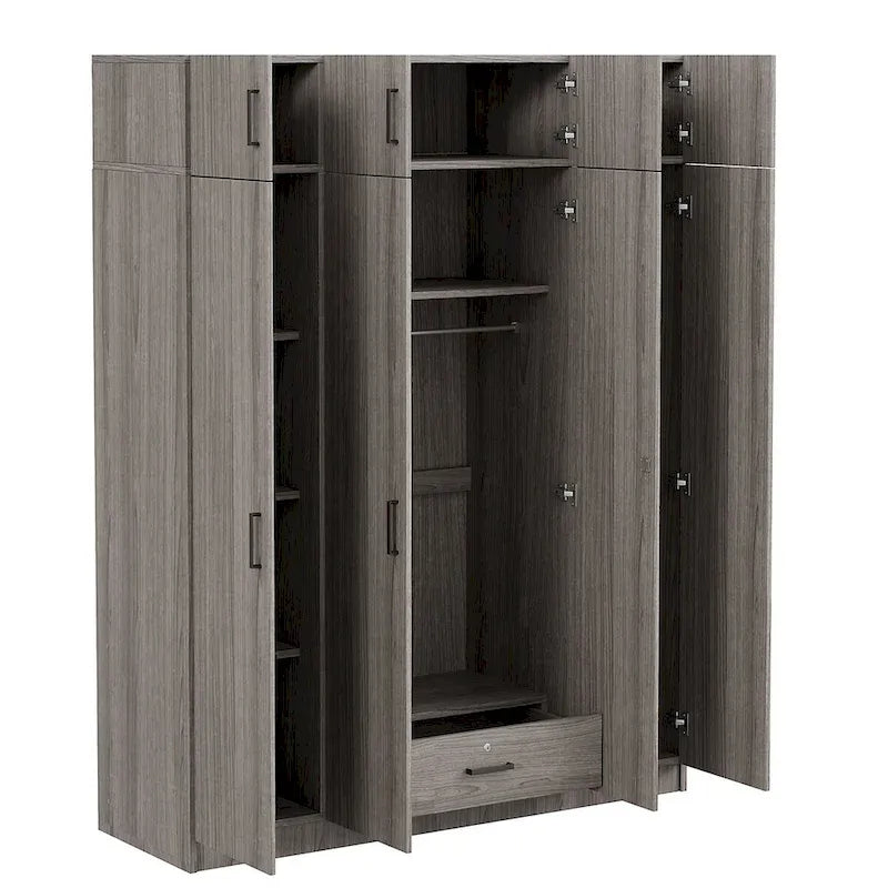 Armoire 4 portes blanche / grise avec tringle, 13 compartiments de rangement, tiroir verrouillable et placard supérieur