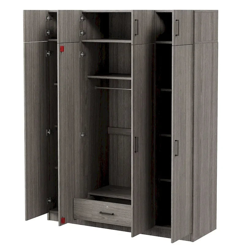 Armoire 4 portes blanche / grise avec tringle, 13 compartiments de rangement, tiroir verrouillable et placard supérieur