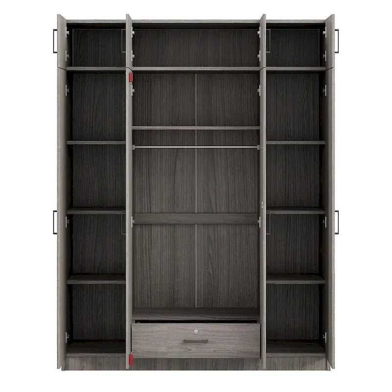 Armoire 4 portes blanche / grise avec tringle, 13 compartiments de rangement, tiroir verrouillable et placard supérieur