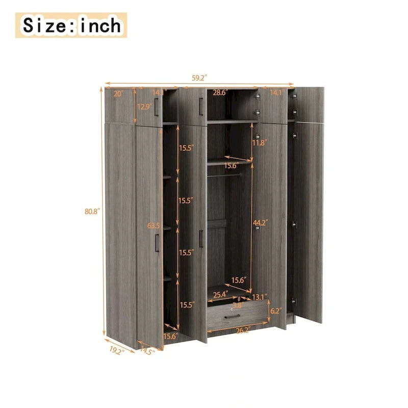 Armoire 4 portes blanche / grise avec tringle, 13 compartiments de rangement, tiroir verrouillable et placard supérieur