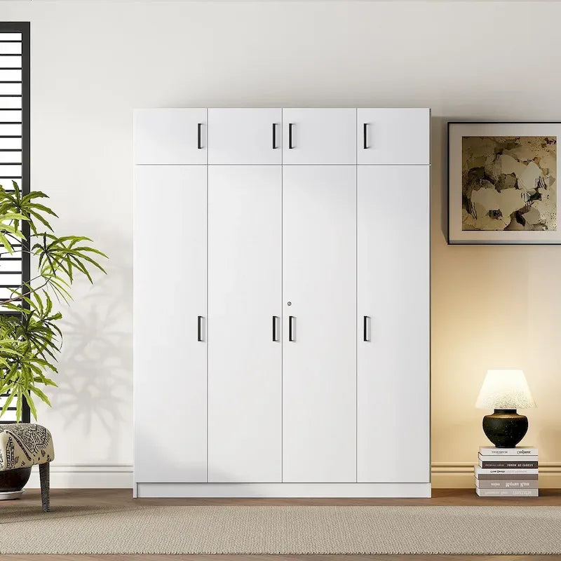 Armoire 4 portes blanche / grise avec tringle, 13 compartiments de rangement, tiroir verrouillable et placard supérieur