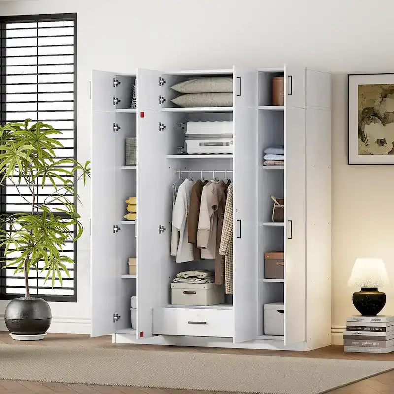 Armoire 4 portes blanche / grise avec tringle, 13 compartiments de rangement, tiroir verrouillable et placard supérieur