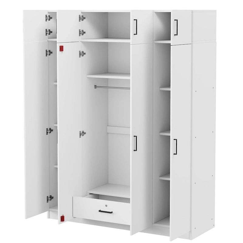Armoire 4 portes blanche / grise avec tringle, 13 compartiments de rangement, tiroir verrouillable et placard supérieur